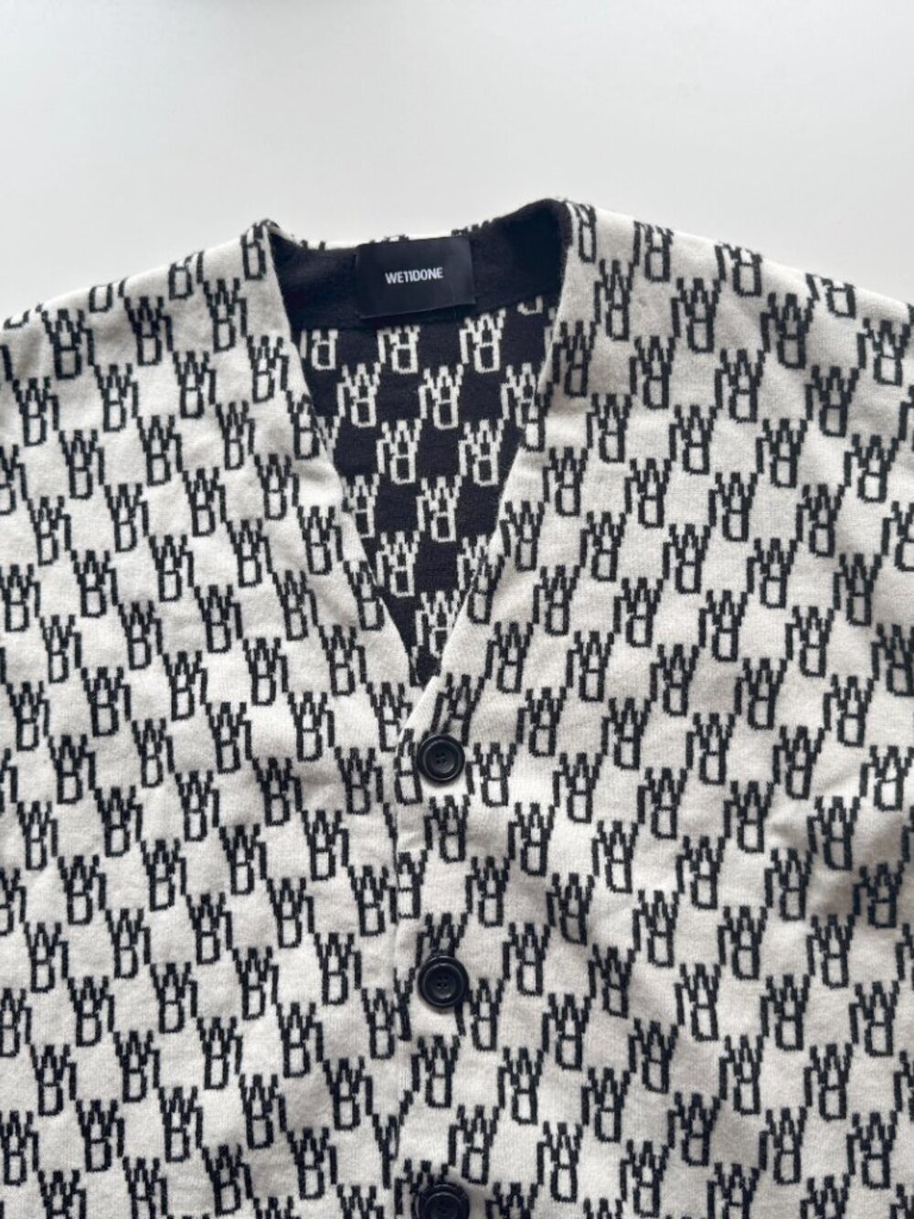 WE11DONE WD1 White Black Logo Wool Cashmere Jacquard Cardigan Sweater, Size S - Picture 7 of 16